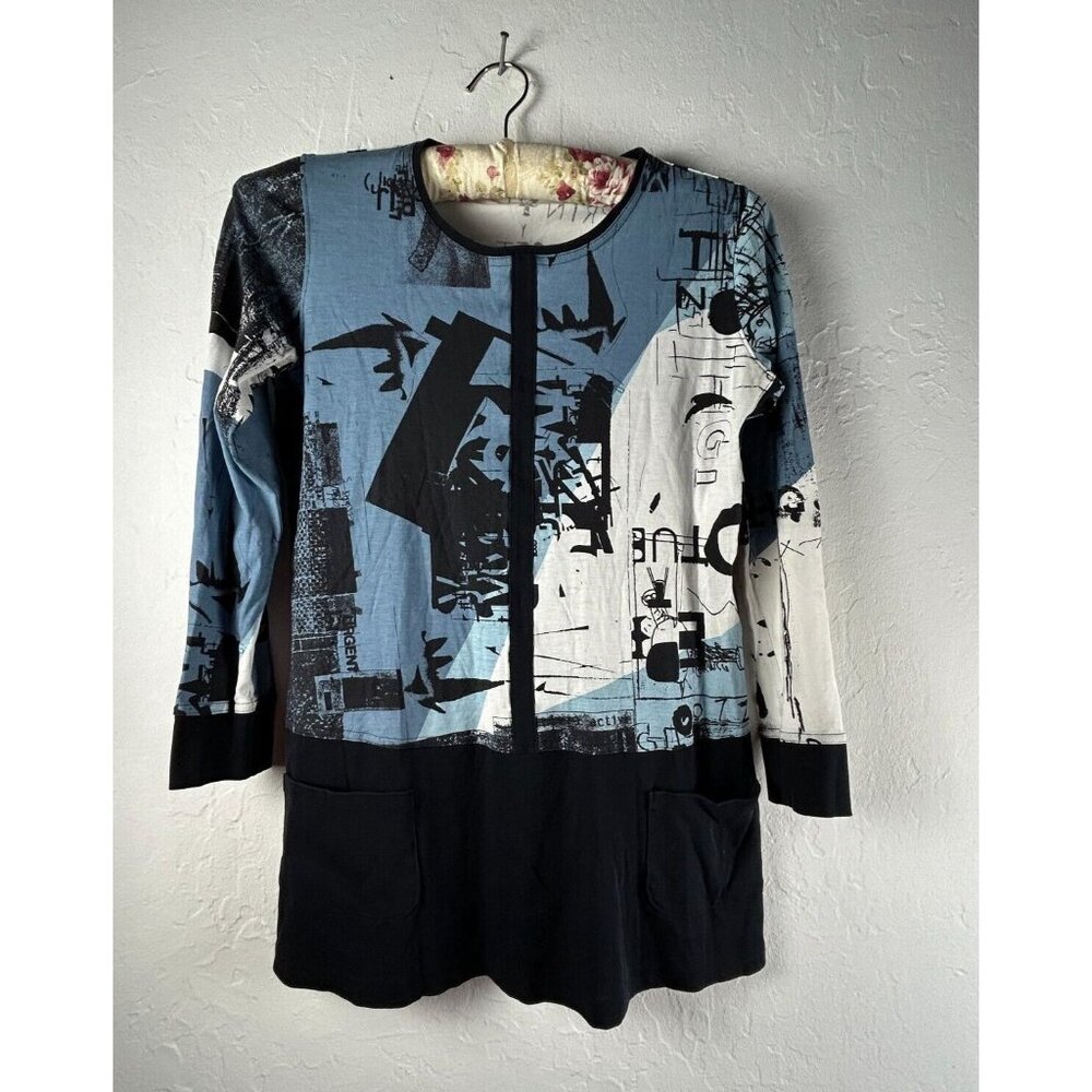 Se Stile Women's Abstract Print Blouse Art-To-Wear 3/4 Sleeve Cotton Black